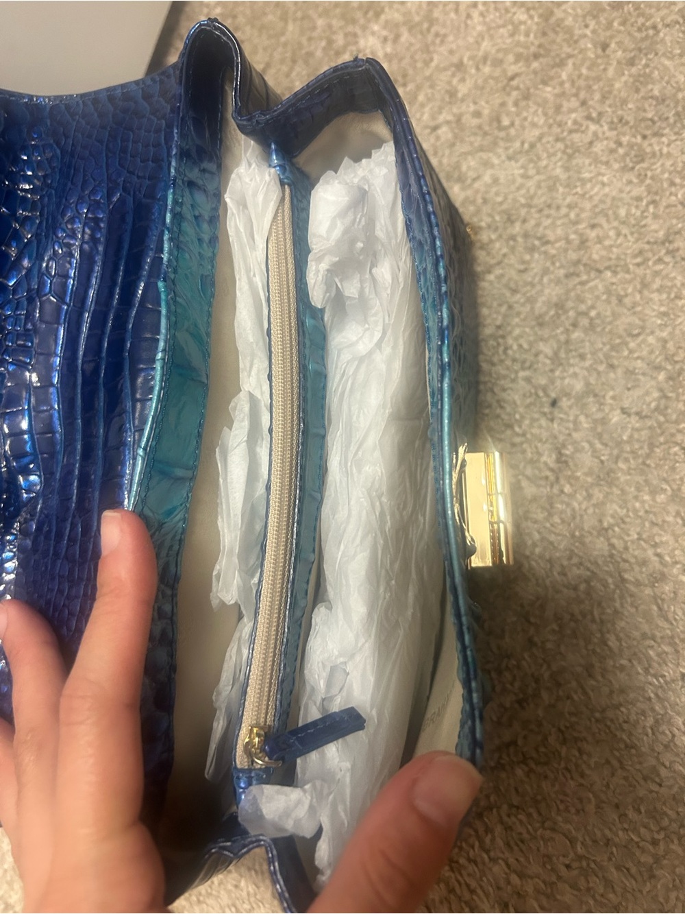 Brahmin Blue-to-Teal Ombre Croc-Embossed Shoulder Bag with Gold Hardware - Picture 2 of 9